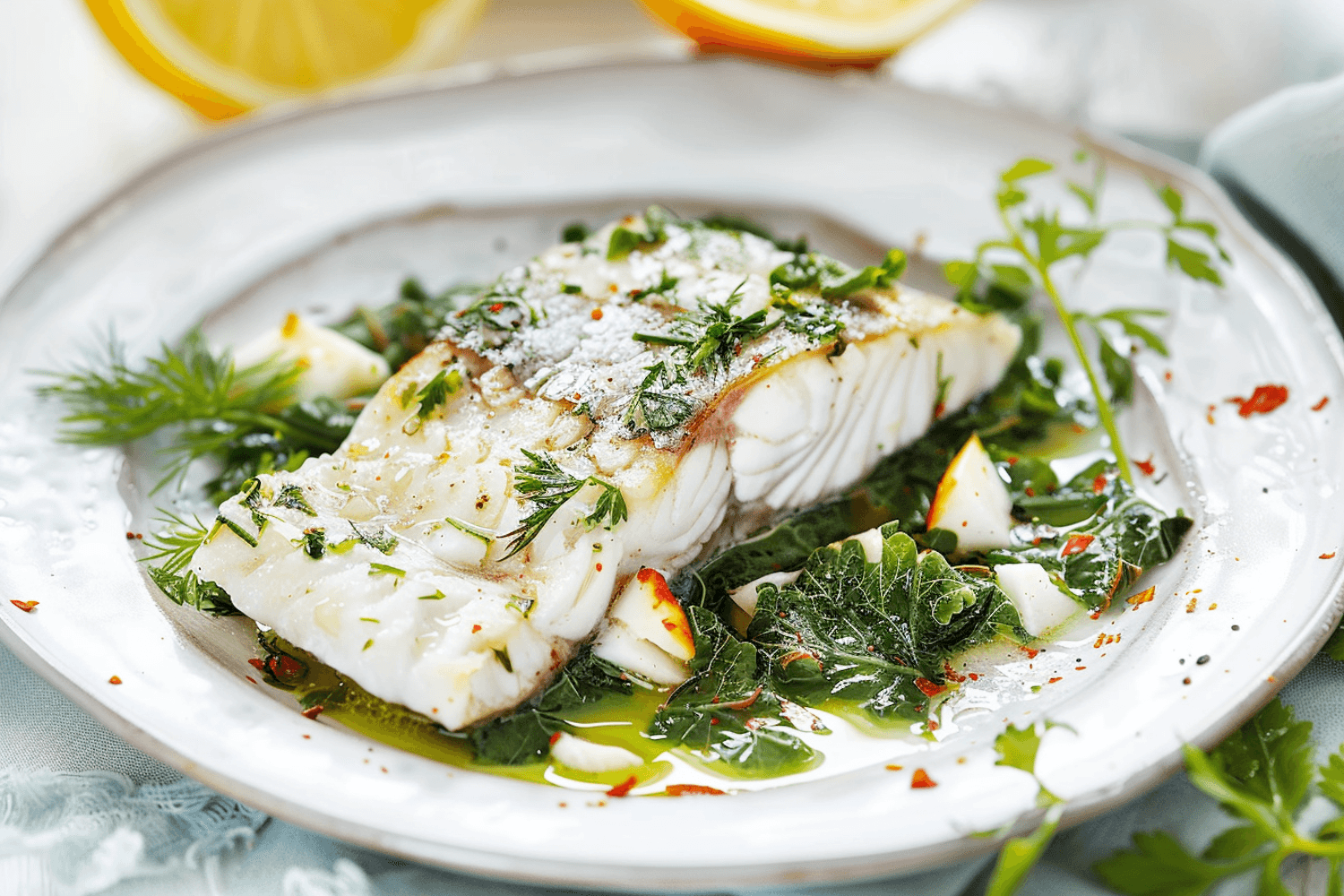 Lombo de bacalhau com ervas frescas e azeite, servido num prato branco